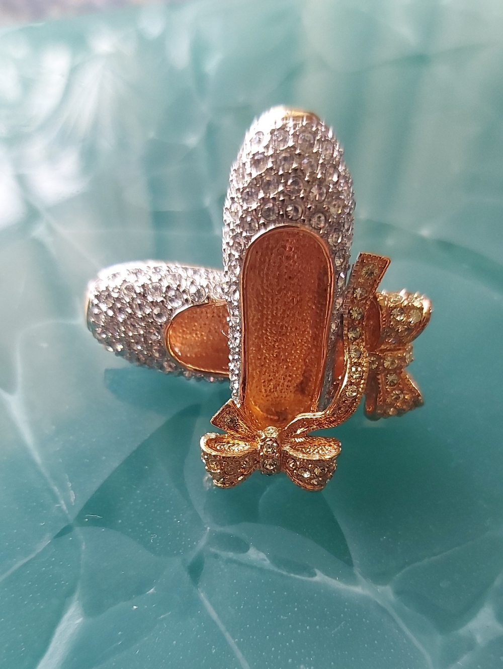 Gold and Silver Rhinestone Ballet Flat Brooch with Bow Accent Butler Vintage